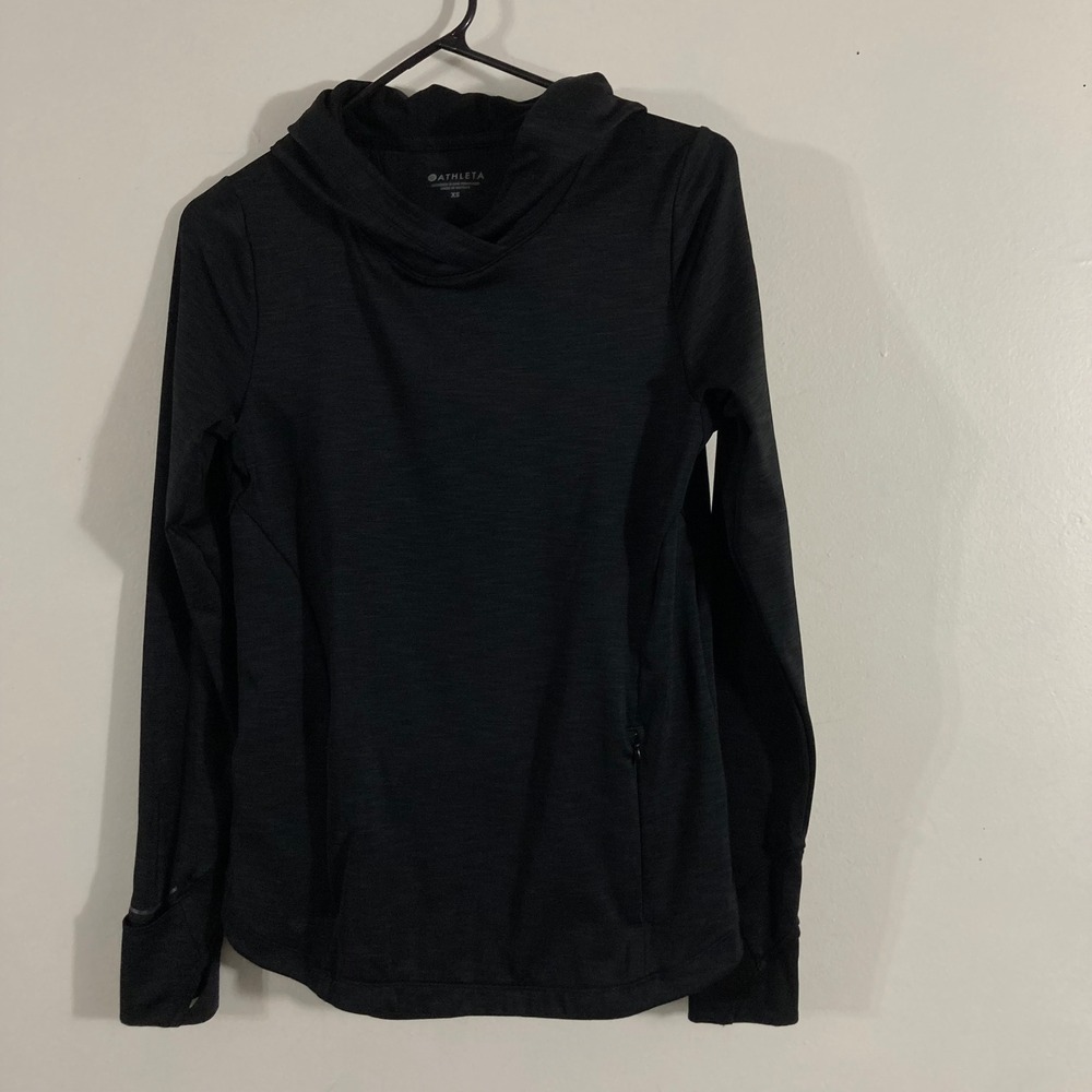Athleta Hoodie Women XS Black Heathered Thumbhole Crossover Pullover